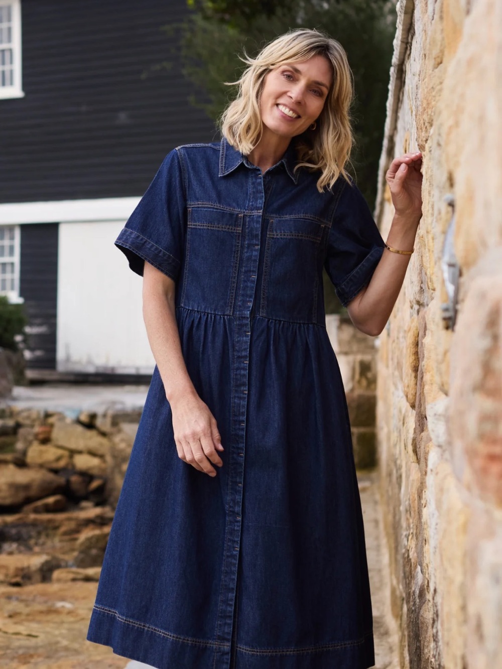 Classic Dark Blue Denim Shirt Midi Dress - Picture 2 of 6